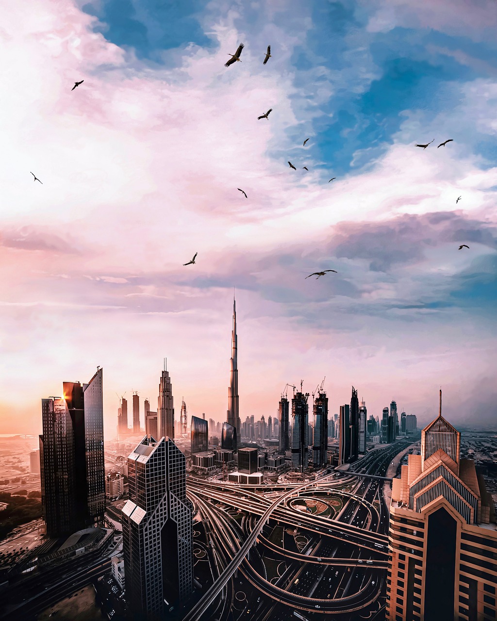 city, nature, buildings, architecture, futuristic, modern, dubai, birds, sunny, sky, clouds, urban